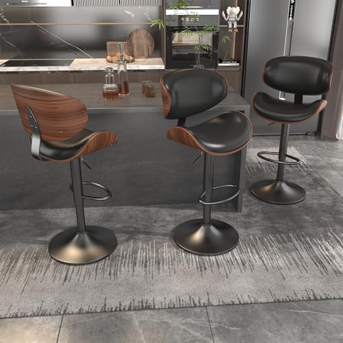 Image of YaFiti Bar Stools Set of 3, Barstools for Kitchen Island with Bentwood Back and Leather Seat, Swivel Stools for Kitchen Counter, Bar, Pub, Black