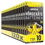 ABSINA Hörgerätebatterien 10 120 Stück mit gut greifbarer Schutzfolie - Hörgeräte Batterien 10 Zink Luft mit 1,45V - Typ 10 Batterien Hörgeräte Gelb - PR70 ZL4 P10 Hörgerätebatterien