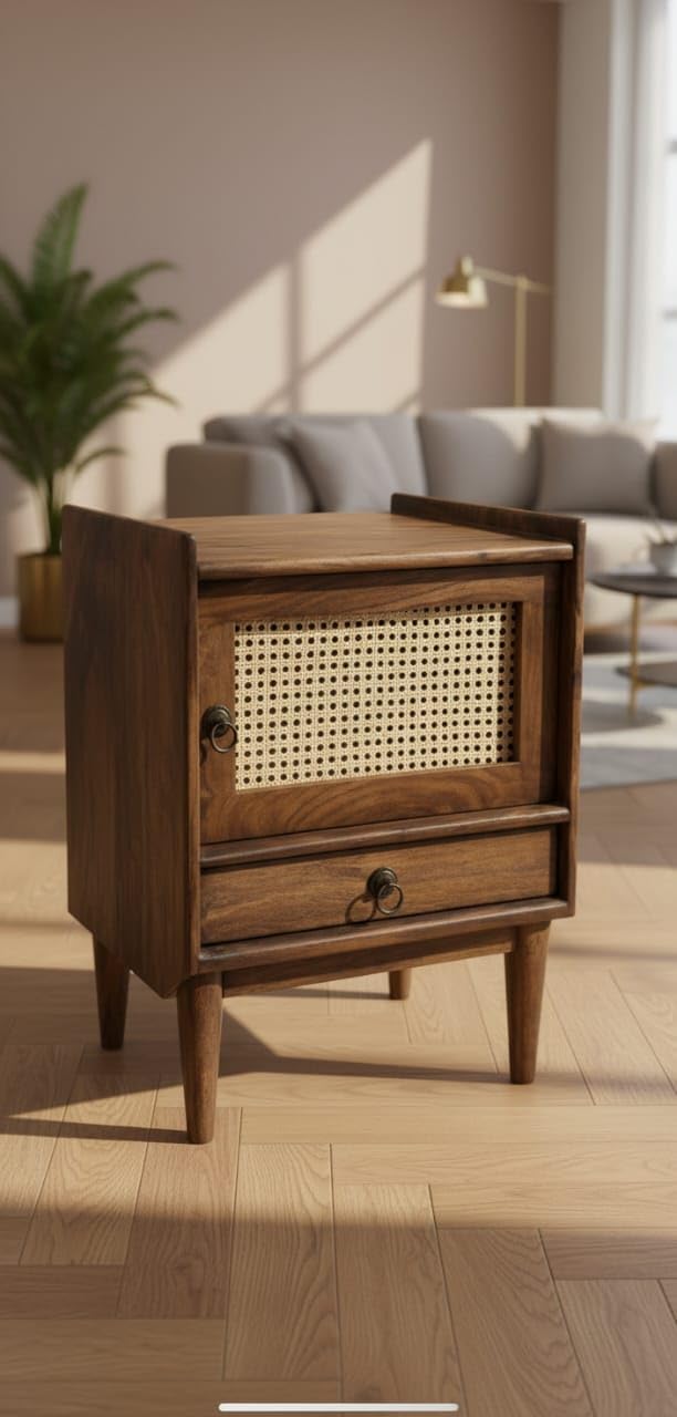 Elara Solid Sheesham Wood | Bedside Table with Cane Door & Drawer | Wooden Nightstand | 1 Drawer & 1 Cane Cabinet | Elara Rustic Bedside Table |-picture-15