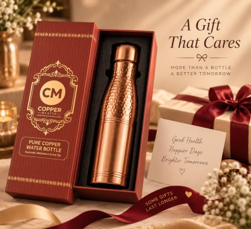 Image of Copper-Master 1 Liter Pure Copper Water Bottle - Loban Bottle Half Hammered Dual Finish, Leakproof Ayurvedic Tamra Jal Vessel for Home, Gym, Yoga & Office (1000ml / 34 oz)