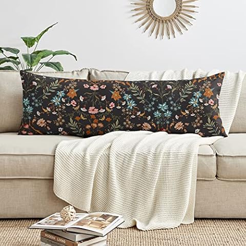 Boho Bohemian Farmhouse Black Orange Wildflower Garden Floral Accent Decorative Couch Long Lumbar Throw Zipper Body Pillow Cover Case 54x20 Botanical Flower Vintage Print Bedroom Living Room Decor Cover