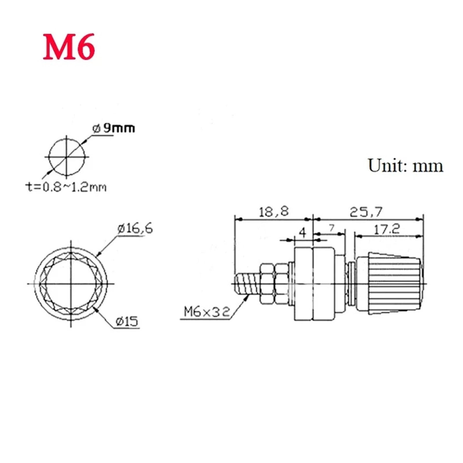 Power Junction Post Connectors 1pcs Wire Binding Post Thread Screw M4 M5 M6 M8 M10 Lithium Weld Inverter Clamps Power Supply Connect Terminal Splice(M6 x 32 Copper,Red x 1pcs)