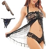 OLYOLY【4点セット】大きいサイズ セクシー コスプレ 下着 ベビードール XL 透ける お姉さん 過激 ニーハイ 穴あき Tバック (04 黒)