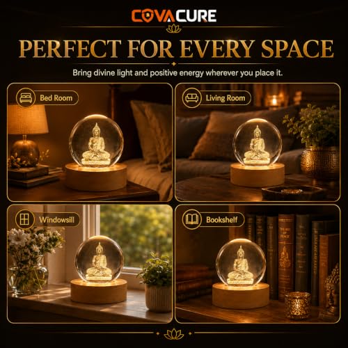 Image of COVACURE 3D Lord Buddha Statue Crystal Ball Night Lamp, 2.4 Inch Gautam Buddha Idols Crystal Ball Night Light for Home & Office Desk Decor, Birthday Gift, Spiritual Showpiece