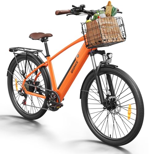 Electric Bike for Adults 1000W Peak, 460Wh Battery Max 70 Miles Electric Bike, 7 Speed & 5 Riding Modes 26 Inch Ebike with Bike Basket, 25MPH Max UL Certified E Bike for Commute City Snow Orange
