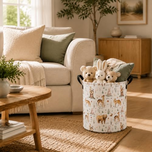Image of MAIZMZ Woodland Animal Storage Bin, Waterproof Lining Laundry Basket with Leather Handles for Kids Room, Gifts