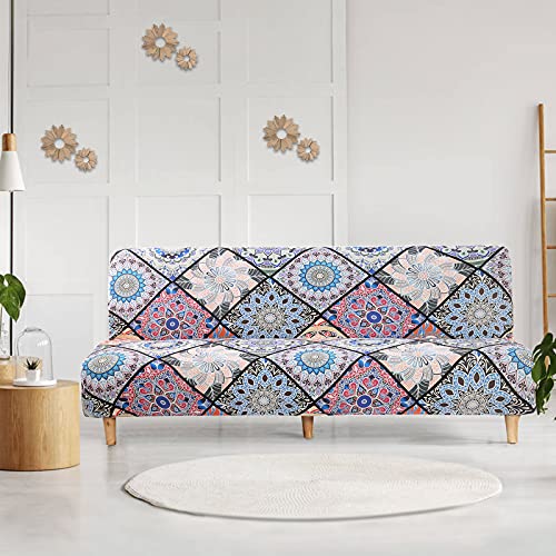 LiveGo Armless Futon Slipcovers Stretch Folding Sofa Bed Cover with Elastic Bottom, Printed Fitted Couch Cover Furniture Protector for Pets, Kids (Red Brown)