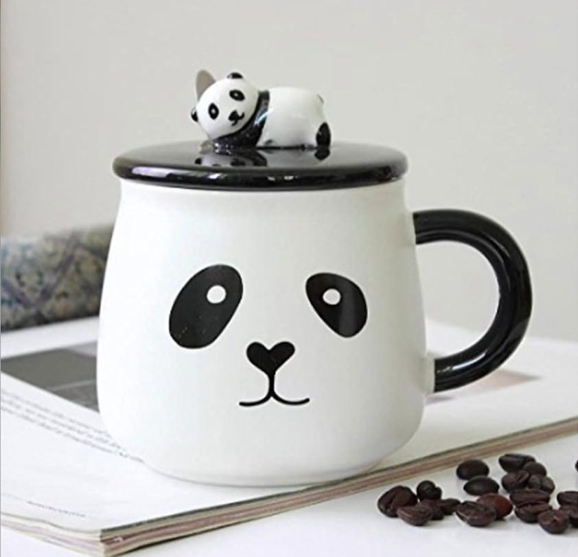 Image of Ceramic Panda Mug with Lid and Spoon, White and Black, 300 ml, Coffee Tea Cup with 3D Panda Design, Gift for Boys Girls Friends Panda Lovers