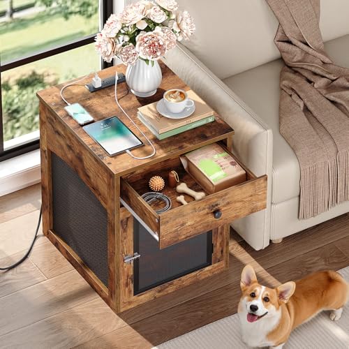 HOOBRO Dog Crate Furniture, Dog Kennel with Drawer and Charging Station, Indoor Decorative Puppy House, Wooden Pet Crate End Table for Small Dogs, Rustic Brown and Black BF58UGW03G1 - Image 4