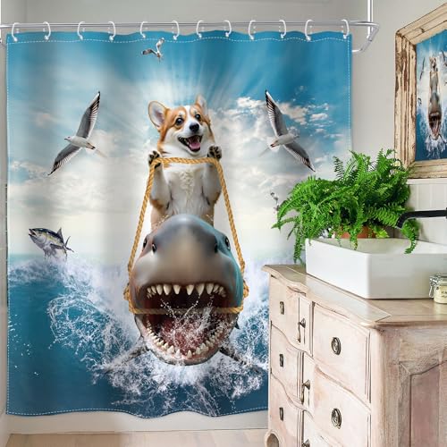 Image of Funny Dog Corgi Ocean Shower Curtain Riding Shark 72Wx72H Inch Decor