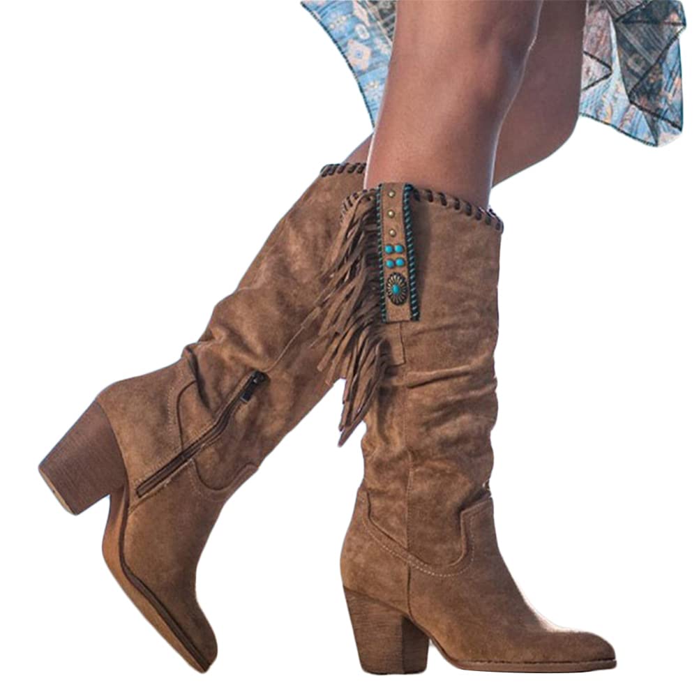 Onsoyours Botas hasta la Rodilla Holgadas para Mujer Punta Puntiaguda con Cremallera Lateral Botas de Tacón Medio GruesoBotas con Flecos Retro Botas Gruesas de Tacón Alto