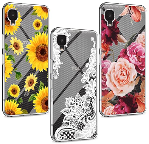 (3-Pack) for Alcatel TCL A3 A509DL/TCL A30 Case, Soft Clear TPU [Scratch-Resistant] Drop Silicone Bumper Protection Shockproof Phone Case Cover for Alcatel TCL A3 A509DL,Flower