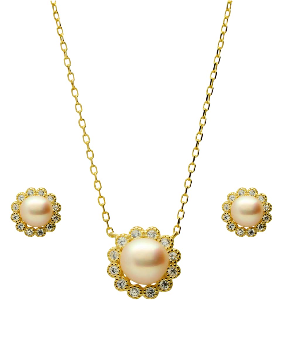 Set Colgante y Pendientes Flor Plata 925 Chapada Oro con Perlas