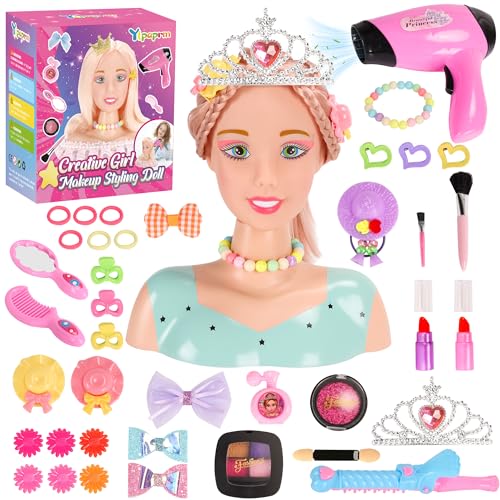 Ylpaprm 41PCS Deluxe Hair Styling Makeup Doll Head for Girl Kid, Pretend Play Doll with Hair Salon Toy Beauty Stylist with Crown Hairdryer Curling Iron Hairpins Powder Lipstick Kit Birthday 8+