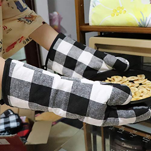 Win Change Oven Mitts and Pot Holders-Oven Mitts and Potholders Soft Cotton Plaid Design Lining Non Slip Oven Mitt Set for Kitchen Cooking Baking Grilling(4-Piece Set,Black/White) - Thumbnail 4