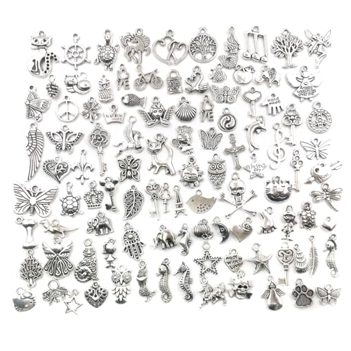 PLABBDPL Schmuck Anhänger set, 100pcs Gemischte Charms Silber, Schmuckanhänger zum Basteln,Ohrringe Selber Machen Perlen, Armband , ,Diy Mädchen