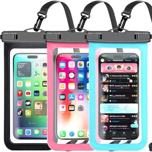 Famoby 3 Pack Multicolor Waterproof Phone Pouch, Cell Phone Waterproof Case Dry Bag,Protection Level: IP68,Beach Cruise for iPhone,Samsung,and More,Lanyard Included,(Fits Up to 8.3'),Black,Blue,Pink