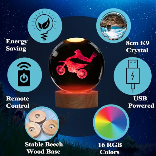 Image of Dirt Bike Night Light, Dirt Bike Gifts, 3D Crystal Ball Dirt Bike Lamp with Remote Upgraded 3.15 Inch with 16 Color for Birthday Xmas Cool Figurines Motor Bike Gifts for Room Decor Boys Girls
