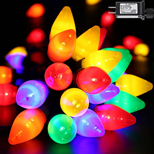 RECESKY C7 Christmas String Lights - 50 LED 24Ft Outdoor Smooth Bulb Light with 30v Adaptor, Extendable 8 Modes Fairy Lighting for House Xmas Wreath Garland Christmas Tree Decorations, Multi Color
