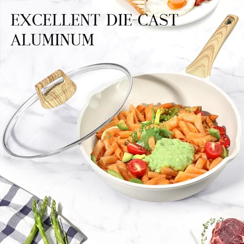 GiPP Nonstick Deep Frying Pan - 4.3L White Granite Saute Pan with Lid, Pour Spout and Stay-Cool Handle, Non Stick Skillet Non Toxic Cooking Pan Induction Cookware, PFOA Free (White, 28cm) - Image 4