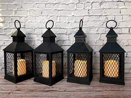 Genswin Flameless Decorative Candle Lantern With 6 Hour Timer Battery Operated Flickering Candles, Heat Resistant Hanging Led Pillar Candle Lantern Indoor Decor(Black, 4"X4"X11",Pack Of 4) #TOP3