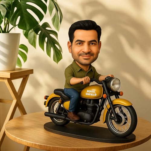 Image of Customized MDF Royal Enfield Bike Caricature | Personalized Sublimation Printed Showpiece Gift for Men | Unique Table Decor for Birthday, Office, Riders & Royal Enfield Lovers