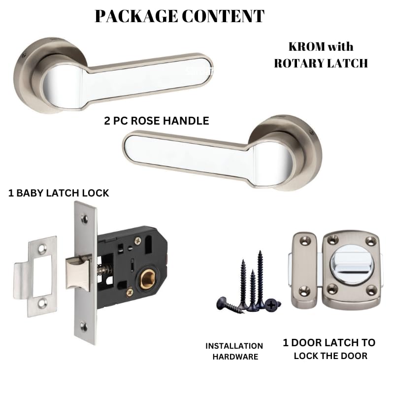 Image of SARDAR KROM Black Silver Door Lock for Main Door /Mortise Door Lock Set /3 Brass Keys /Bedroom Door Lock /Handle Lock for Home /Office /Hotel (with Rotary Latch)