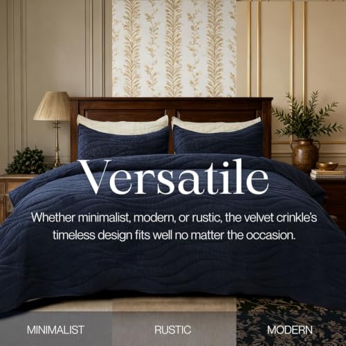 Image of DOWN HOME Crinkle Textured Velvet Quilt Set with Shams, All-Season Luxury Modern Bedding,Easy Care Comforter,Ultra-Soft,Lightweight & Breathable, Queen, Imperial Blue