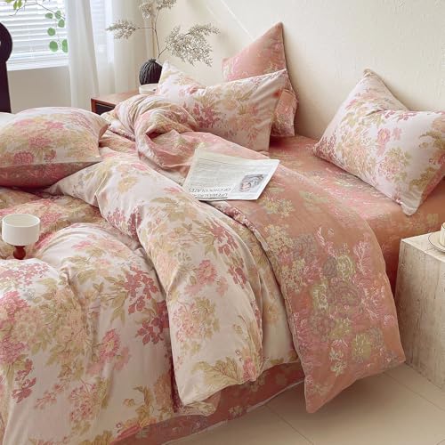 Image of VM VOUGEMARKET Pastoral Double Layer Gauze Cotton Duvet Cover Set - Peach Blush Floral Jacquard,Cozy Reversible Vintage Bedding Set King Size