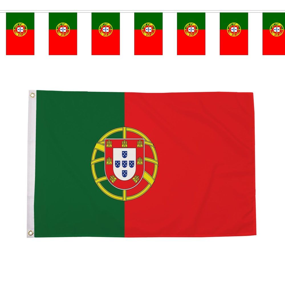 Flagtex Portugal Selecao das Quinas World Cup 2026 Large Team Bundle Includes 8ft x 5ft Premium Polyester Flag and 9m Rectangle Bunting Football Fan Pack Indoor Outdoor Decoration