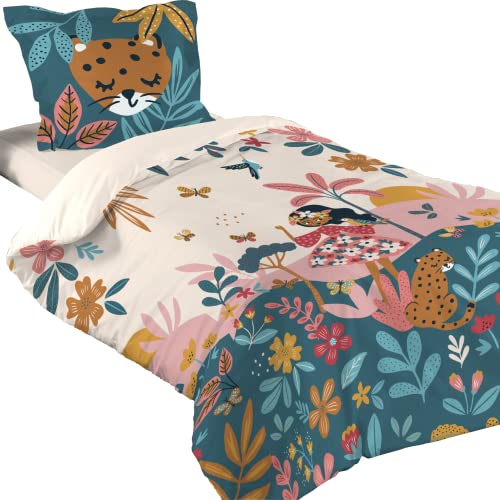 Lovely Casa - Parure Housse de Couette + 1 taie d'oreiller - Taille 140x200cm - 100% Coton - Modèle Melissa - Bleu Rose et Naturel - Enfant - Fille - Jungle - Tigre - Danseuse, 140x200