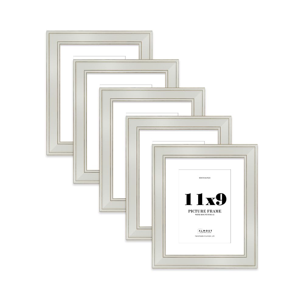 11x9" Light Grey Picture Frame with A5 Mount - Shabby Chic Photo Frame with Distressed Finish, Gold Trim, Wall Hooks and Kickstand, 37mm Edge - 5 Pack