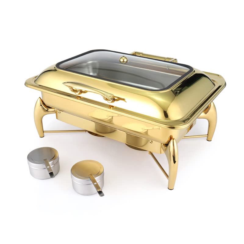 HONHPD 10L Stainless Steel Thickened Buffet Stove, Commercial Hotel Restaurant Breakfast Heating Furnace, Hydraulic Transparent Cover Buffet Stove, Chafing Dish Buffet Set, Gold?Full Size?