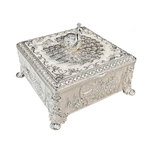 Image of Diviniti Silver Plated Peacock Decorative Box with Premium Gift Box | Luxury Multipurpose Storage Box for Home Decor, Sweets & Corporate Gifting (White)