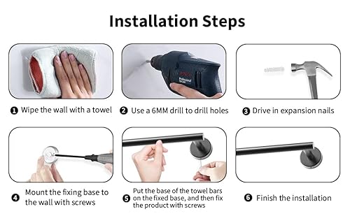 Newfun 12Pcs Matte Black Bathroom Hardware Set - Includes 24 Inch Towel Bar, Robe Hook, Toilet Paper Holde, Towel Ring, 2 Pack 6 Pcs Bathroom Accessories Set Stainless Steel Wall Mounted #TOP5