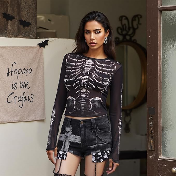 Women Halloween Mesh Skeleton Print Tops Y2k Black Long Sleeve Sheer Fitted Skull Horror Crop Shirt Going Out - Image 2