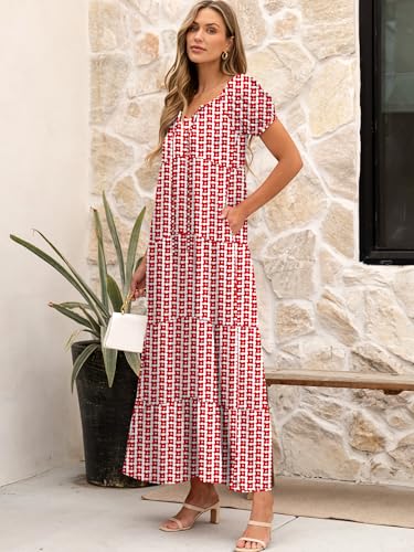 Image of ANRABESS Women's Boho Maxi Dresses 2025 Summer Casual Floral Puff Short Sleeve Tie Front Flowy Swing Tiered Long Beach Dress