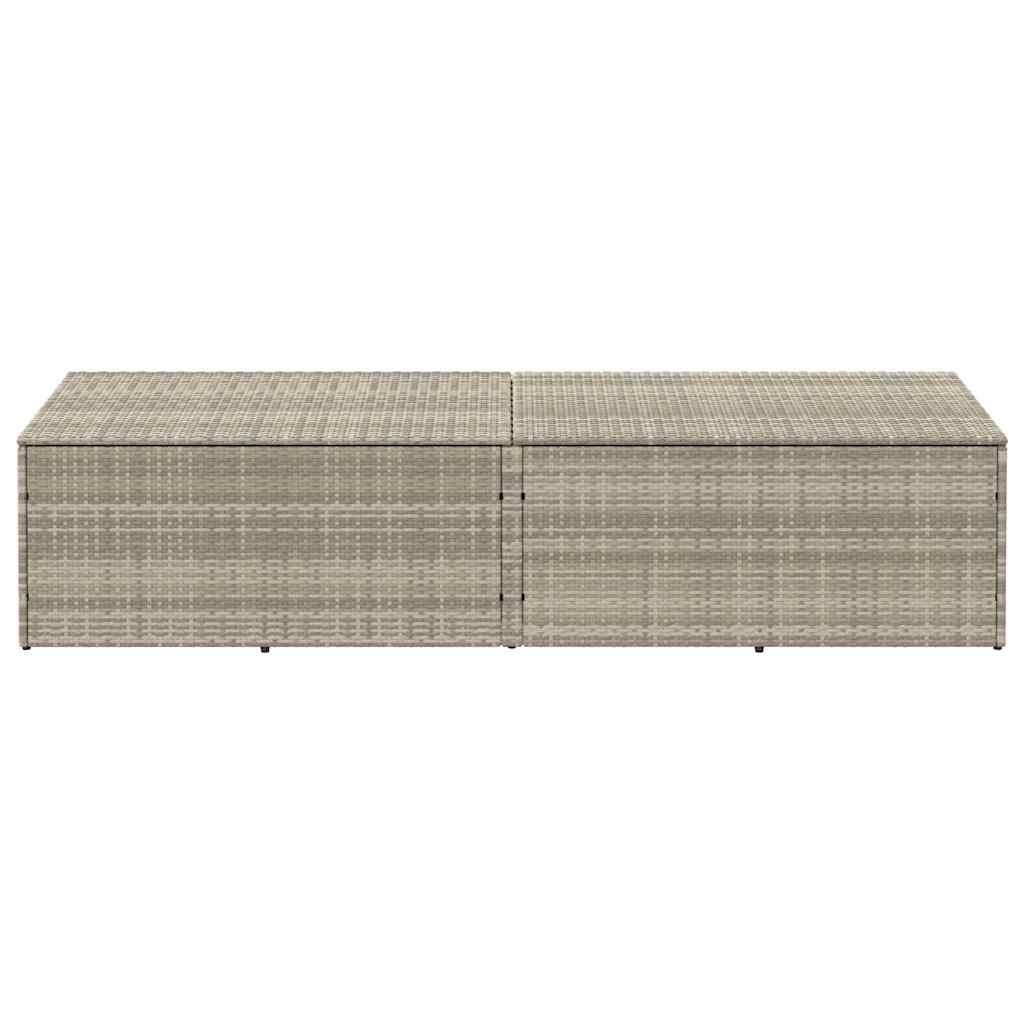 Caja de almacenamiento de jardín gris claro 220x50x58 cm de resina trenzada, cofre de jardín poliratán con marco de acero, tapa de gas y bolsa impermeable para cojines y juguetes