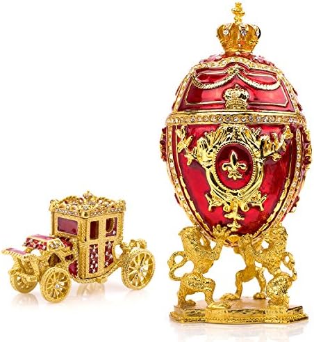 Unique, Decorative Red Faberge Egg: Extra Large 6.6 inches, Hand Painted Jewelry Box for the Ultimate Home Décor, Comes with Gift Faberge Carriage, Store Your Rings, Earrings and Jewelry in Style