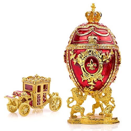 Unique, Decorative Red Faberge Egg: Extra Large 6.6 inches, Hand Painted Jewelry Box for the Ultimate Home Décor, Comes with Gift Faberge Carriage, Store Your Rings, Earrings and Jewelry in Style