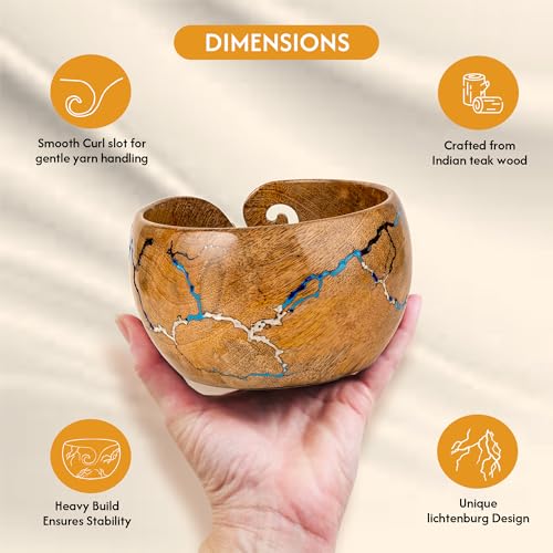 Image of Wooden Yarn Bowl for Crocheting, 7x4 inch Large Crochet Holder Gift Accessories and Knitting Gadgets Supplies Handcrafted with Mango wood Fractal Burning & Blue,White,Black Resin Inlay (M-Multi)