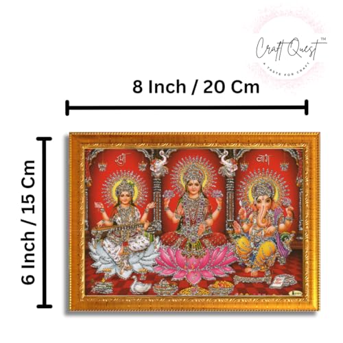 Image of CRAFT QUEST Lakshmi Devi with ganesh ji and saraswati mata Wall Painting Photo Frame for Diwali Pujan (Synthetic, Golden, Sparkle Finish, Small Size, 8 X 6 Inch)