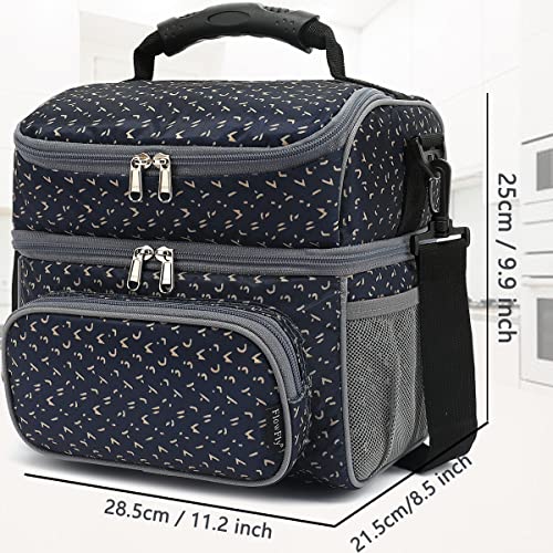 FlowFly Double Layer Cooler Insulated Lunch Bag Adult Lunch Box Large Tote Bag for Men, Women, With Adjustable Strap,Front Pocket and Dual Large Mesh Side Pockets