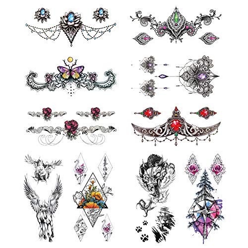 TAFLY Large Flower Tattoos Fake Temporary Jewelry Body Tattoos Art Stickers for Women Sexy Chest Temporary Tattoos Water Transfer Body Tattoos 10 Sheets