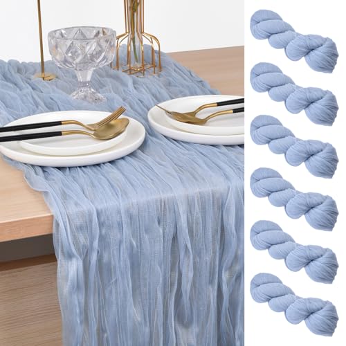 Joanlody Blue Cheesecloth Table Runner Spring Summer 10Ft Rustic Gauze Boho Cheese Cloth Table Runner for Wedding Bridal Baby Shower Decoration 6 Pack