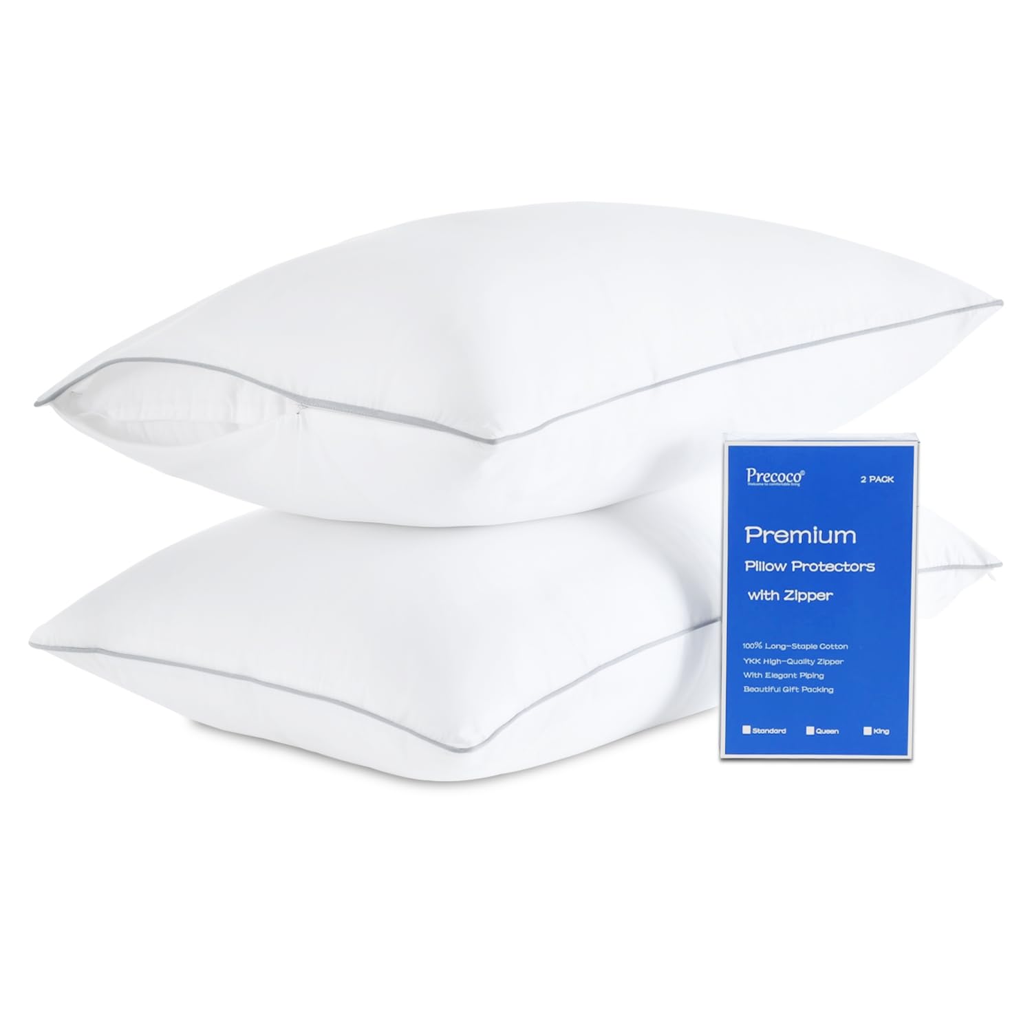 Precoco Pillow Protectors with Zipper Queen Size, Premium Soft 100% Long-Staple Cotton Pillow Cases Queen Size Set of 2, White Pillow Covers Hidden Zippered Pillow Case Protector for Gift, 20x30
