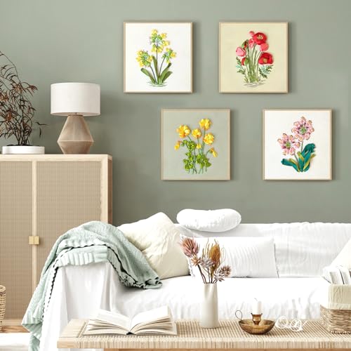 Image of LOMOHOO 4 Sets Ribbon Flower Embroidery Kit for Beginners, Needlepoint Stamped Cross Stitch Starter Kits, Stitch Learning DIY Kit with Floral Pattern, Thread, Hoops, Colorful Ribbons Flower
