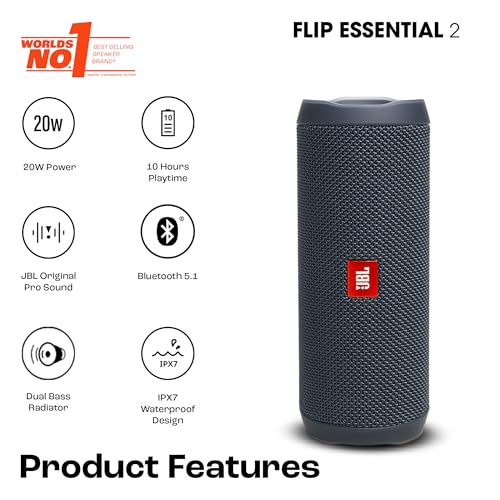 JBL Flip Essential 2, Wireless Portable Bluetooth Speaker with Deep Base, IPX7 Water & Dustproof (Without Mic, Black) view 2