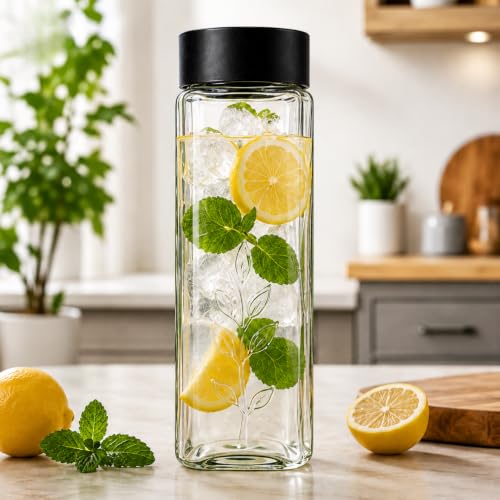 Image of Ash & Roh Square Glass Water Bottle with Lid, Transparent Wide Mouth Juice Bottle for Fridge, Office, School & Everyday Hydration Reusable for Daily Use