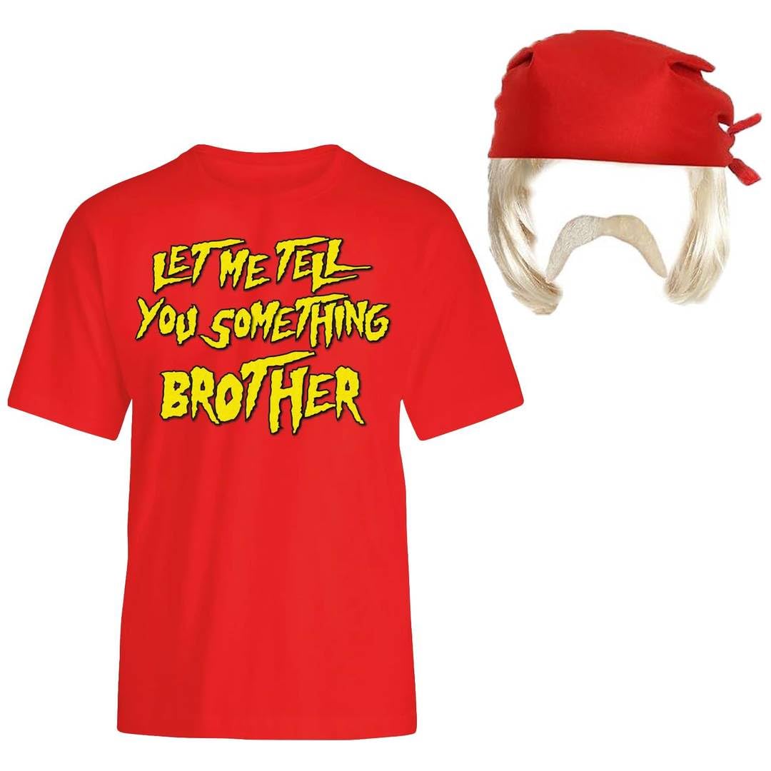 Adults 1980s Wrestler Fancy Dress Costume – Red Bandana, Blonde Wig, Red T-Shirt with Slogan Print, Blonde Moustache – Retro Wrestling Outfit for Parties & Halloween